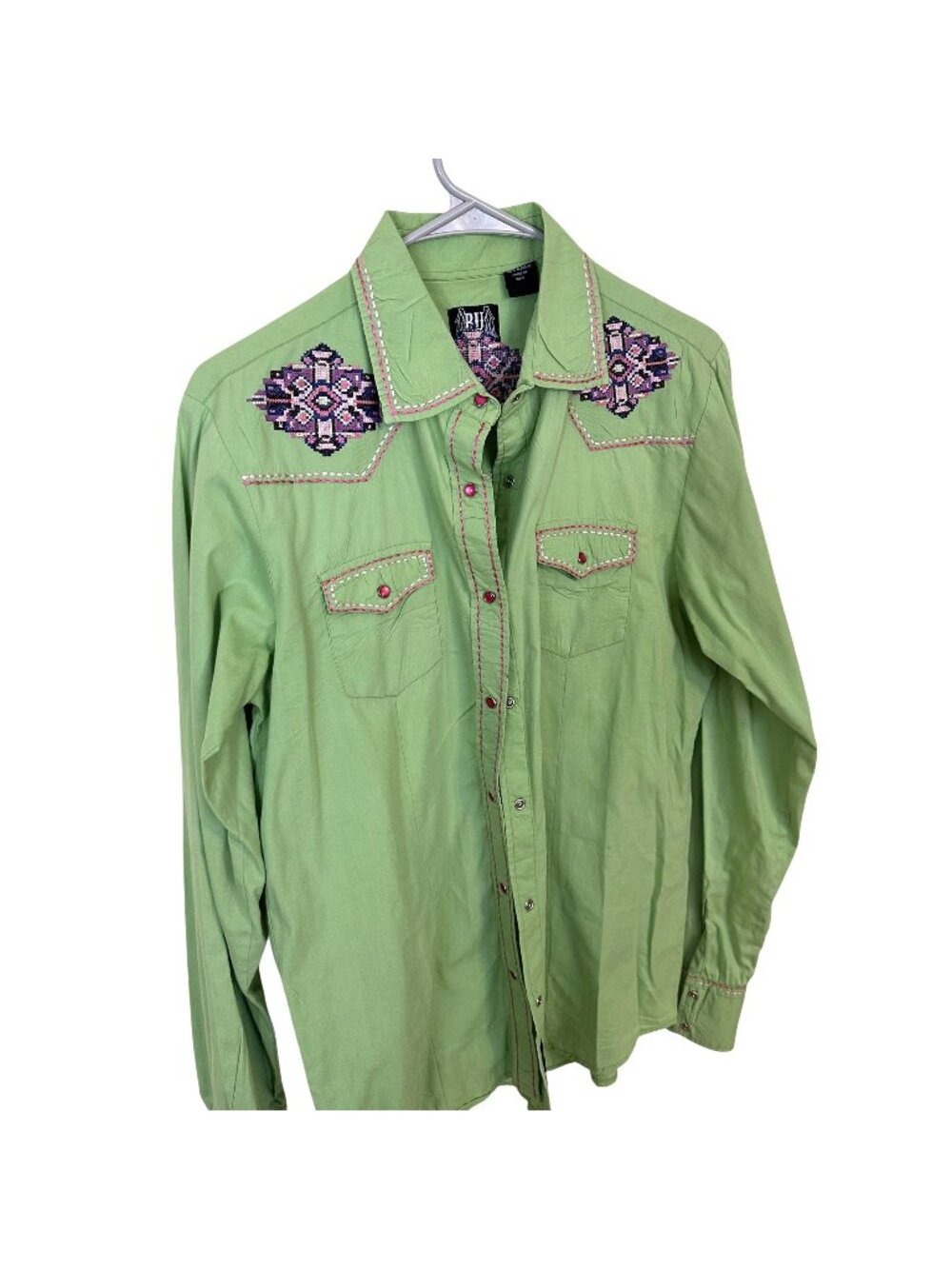 Womens Green Western Shirt Embroidered Pink Stitching Medium Born To Stand Out